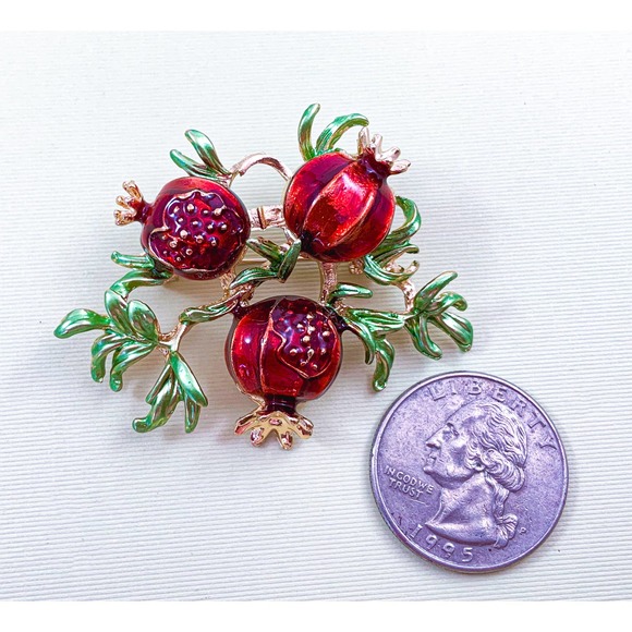 Unique Pomegranate Brooch/Pin - Shiny Deep Red and Metallic Green Enamel - Picture 3 of 4